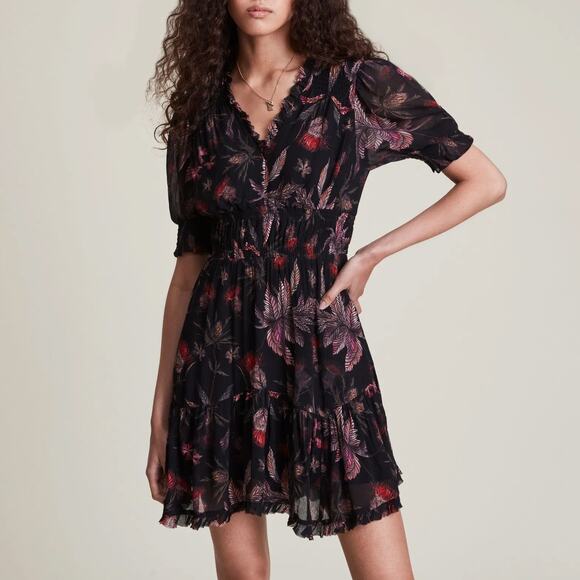 AllSaints Via Harris Mini Dress Black Floral Print Smocked Dark Romance SZ 6 - Picture 1 of 8